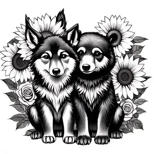  cute baby wolf and bear sitting with sunflowers and roses. black tattoo design idea
