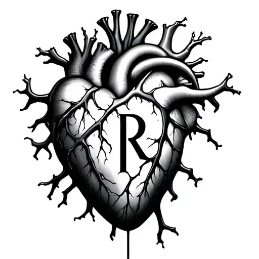 heart with veins with a letter r in the middle, realistic tattoo design idea