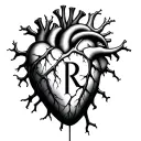 heart with veins with a letter r in the middle, realistic tattoo design idea