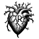 heart with veins with a letter r in the middle, realistic tattoo design idea