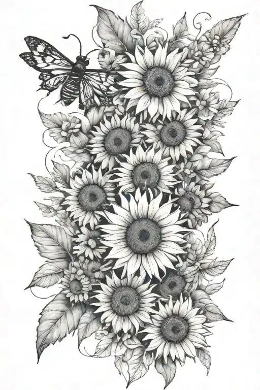 masculine floral sleeve with sunflowers, bees, and desert flowers; not too full, kind of spaced out tattoo design idea