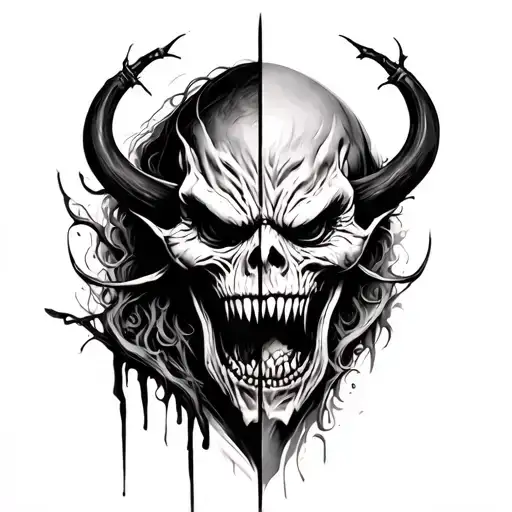 “Photorealistic black and grey half-back tattoo design representing evil, vice, and moral decay. Dark, cinematic realism tattoo design idea