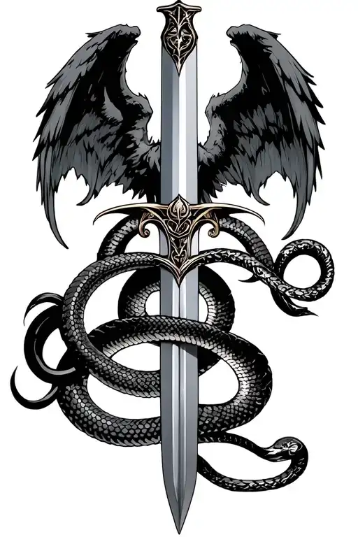 sword with snake wrapped and devil and angel wings on sides tattoo design idea