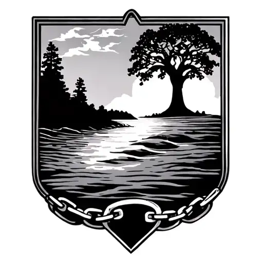 lee family crest with a river, linked chain, three parallel lines and an oak tree tattoo design idea