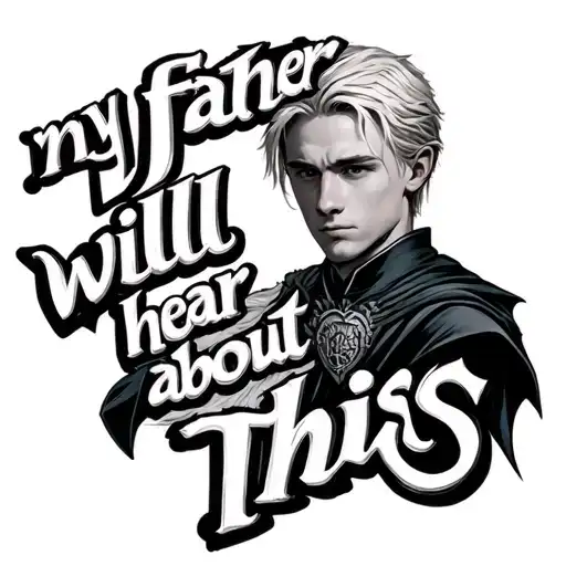 Text that says "my father will hear about this" and its draco malfoy themed only text tattoo design idea