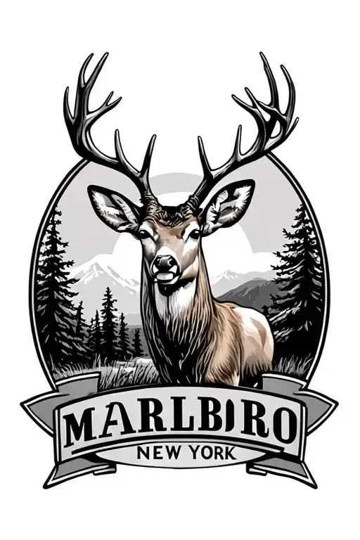 white tail deer with antlers coming outside of an oval scene with the town name Marlboro New York under the oval  tattoo design idea