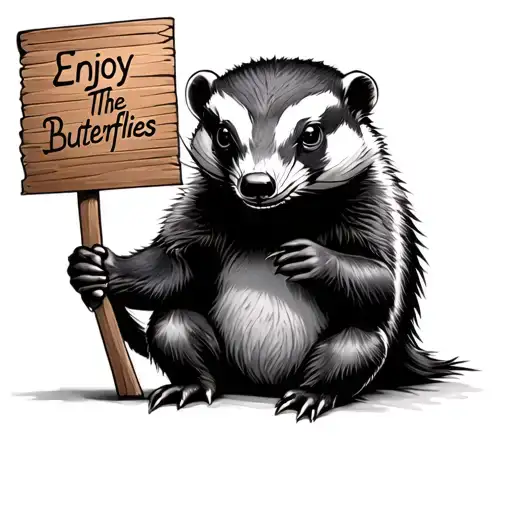 a honeybadger holding a sign that says "Enjoy The Butterflies" tattoo design idea