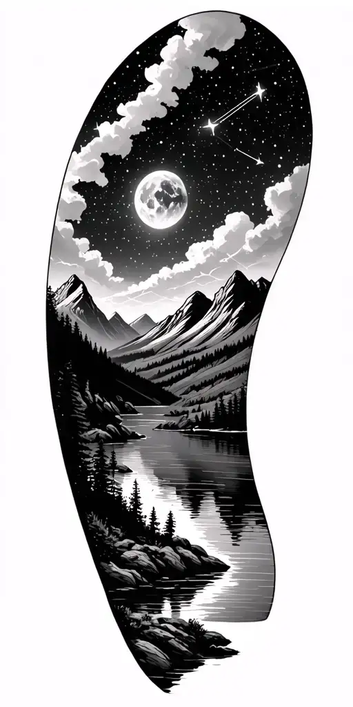 outdoor scene with mountains, lake and river under a starry night sky with Gemini constellation.  tattoo design idea