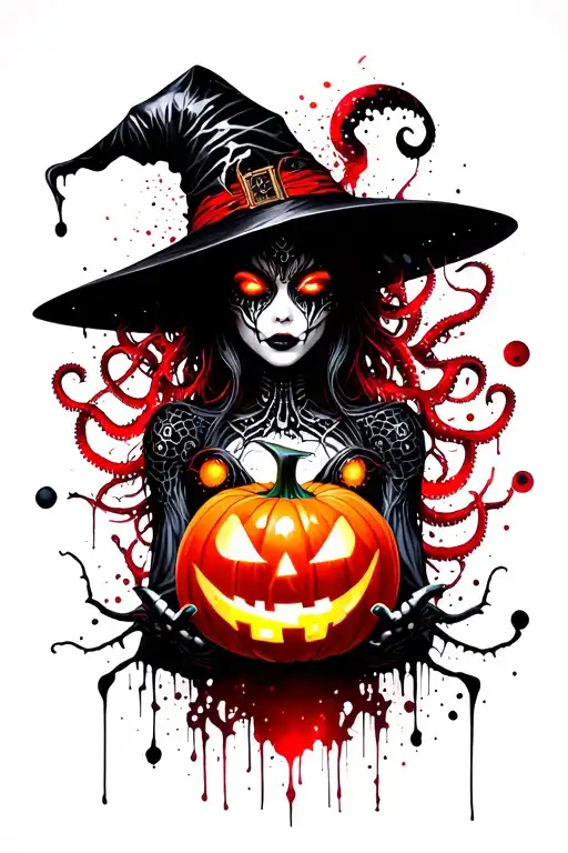 cyber witch holding jack-o'-lantern, tentacles, space, eldritch tattoo design idea