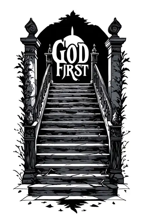 "God First" stairway to heaven gates tattoo design idea