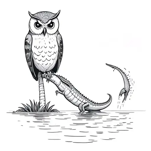 owl perched on a palm tree, alligator is jumping out of the water trying to eat it tattoo design idea