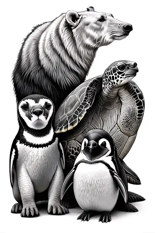 lion polar bear sea turtle penguin and giraffe tattoo design idea