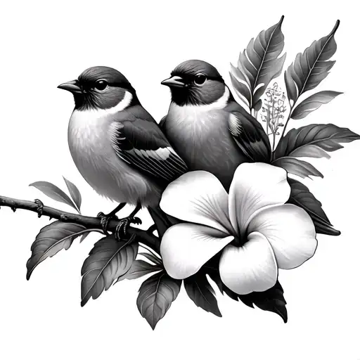 3 little birds wrapped plumeria and hibiscus flower tattoo design idea
