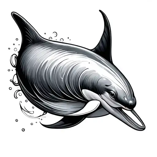 Black ink tattoo design for the inner forearm (medium size). The main element is a graceful dolphin, drawn in an elegant tattoo design idea