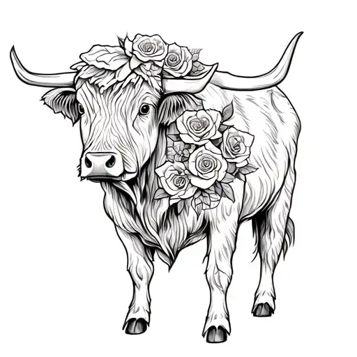  western highland cow blended into a bouquet rose intertwined tattoo design idea