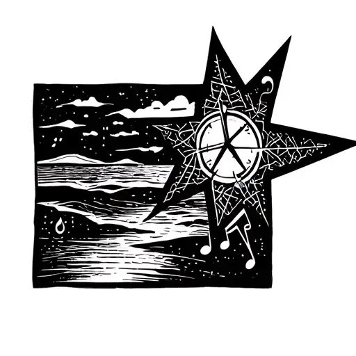 create a full sleeve tatto idea with theses: Night at the beach, music notes, hamiliton star outline, a quil and a hourg tattoo design idea