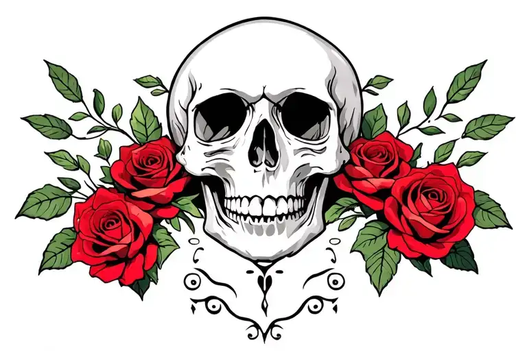 A soft, nature-inspired tattoo design for chest, designed to cover an old school style skull with red roses. New design  tattoo design idea