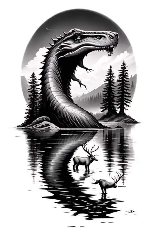 loch ness monster head and body just out water, loch scene, trees, stags drinking out loch tattoo design idea
