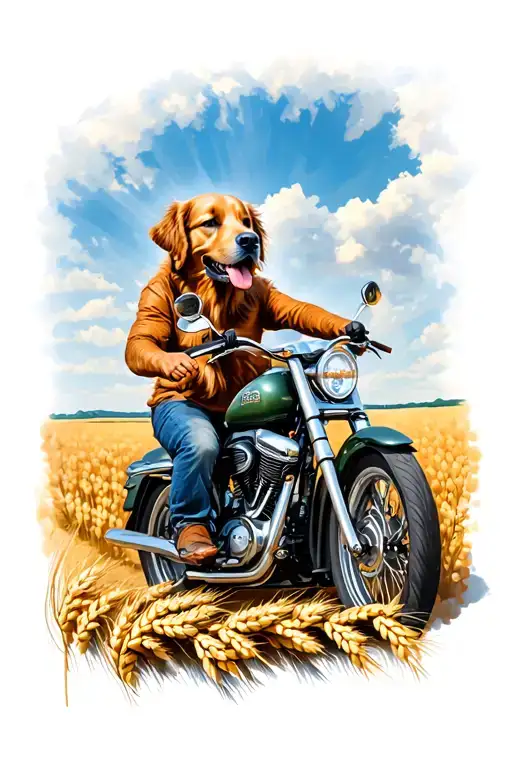 wheat thistles, golden retriever riding a motorcycle  tattoo design idea