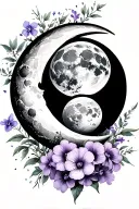 waning crescent moon with cosmo flowers intertwined with marigolds and a waxing gibbous moon with violets and irises tattoo design idea