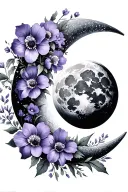 waning crescent moon with cosmo flowers intertwined with marigolds and a waxing gibbous moon with violets and irises tattoo design idea