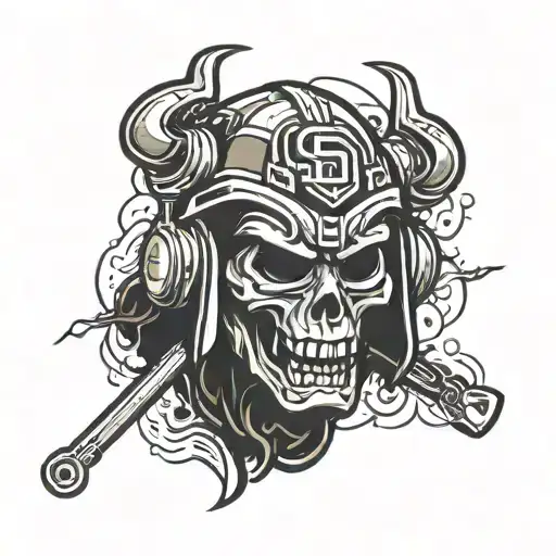 create a tatto design using san diego padres logo involving west coast rap and involve MF DOOM tattoo design idea