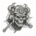 create a tatto design using san diego padres logo involving west coast rap and involve MF DOOM tattoo design idea