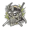 create a tatto design using san diego padres logo involving west coast rap and involve MF DOOM tattoo design idea