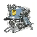create a tatto design using san diego padres logo involving west coast rap and involve MF DOOM tattoo design idea