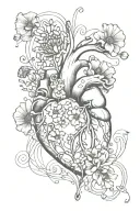 abstract design human heart, poppies, anemones, mushrooms, music, love and the letters J and C tattoo design idea