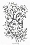 abstract design human heart, poppies, anemones, mushrooms, music, love and the letters J and C tattoo design idea