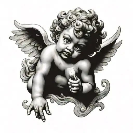 angel cherub with eyes smoking tattoo design idea