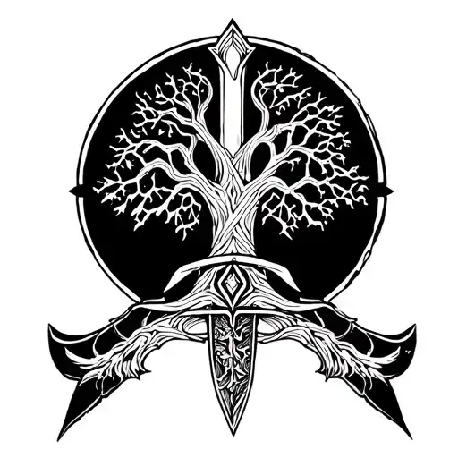 viking sword with tree of life intertwined tattoo design idea