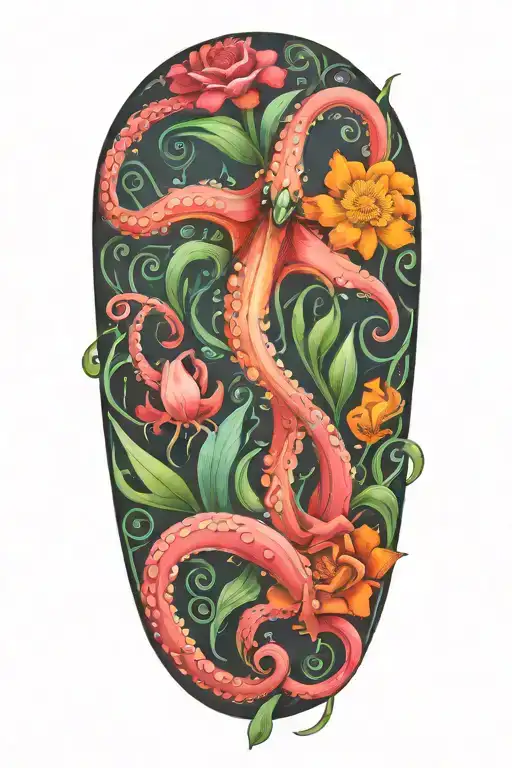 snowdrop, rose, marigold, octopus tentacles tattoo design idea