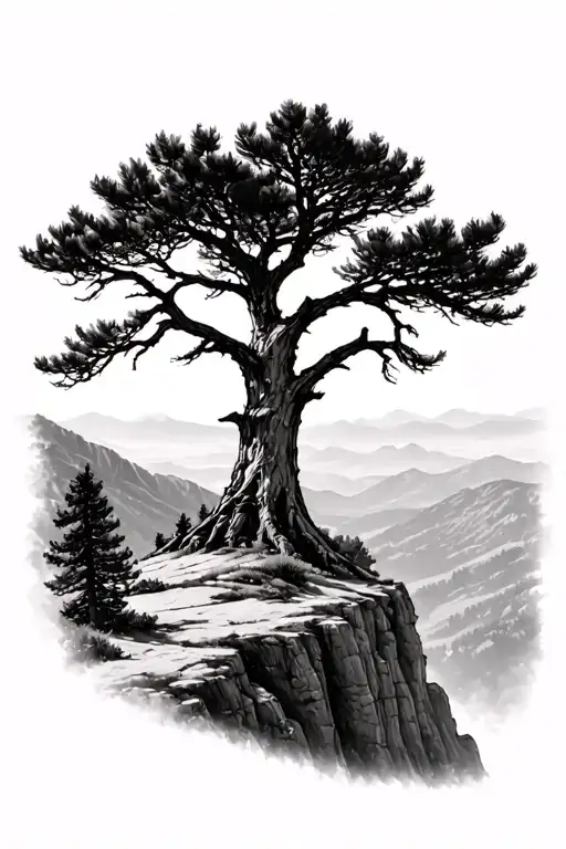 bristlecone pine on a cliff edge overlooking tattoo design idea