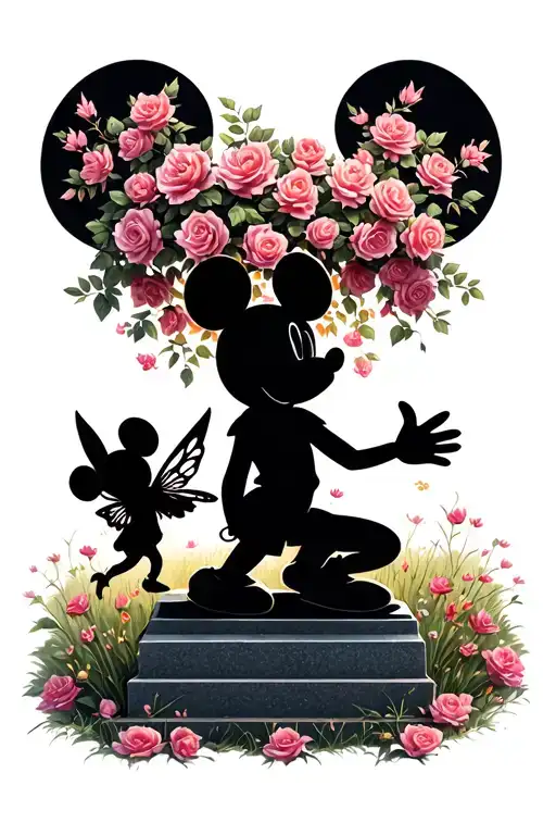 Mickey Mouse shaped headstone under a rose tree with a fairy silhouette kneeling tattoo design idea