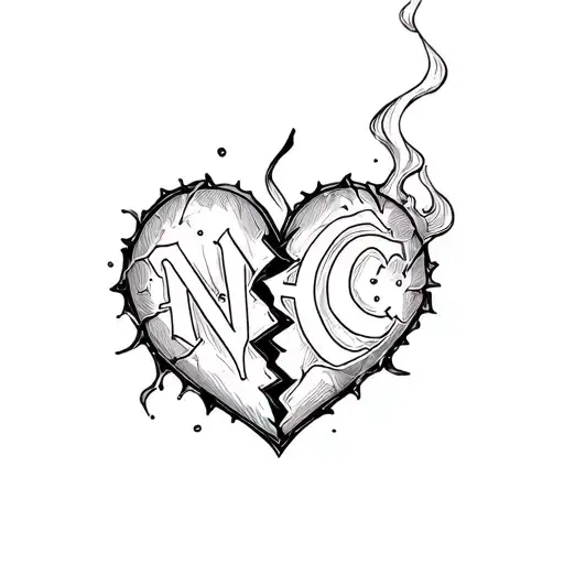 broken heart  with Nhc Rolling in background in garfitti smokey letters tattoo design idea