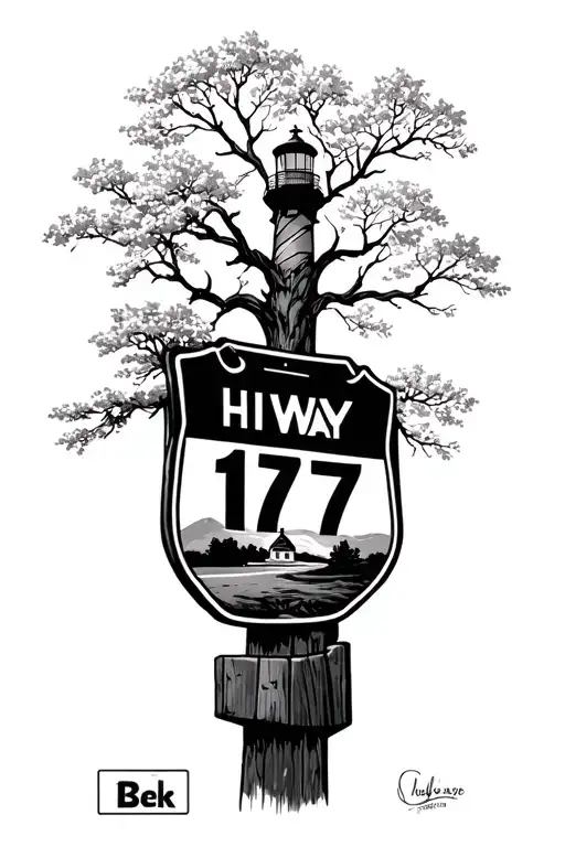 hwy 17 sign near a dogwood tree with light house in far distance tattoo tattoo design idea
