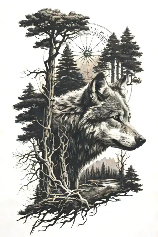 a tall pinefores landscape with a wolf head in the middle and roots at the bottom with a compass tattoo design idea