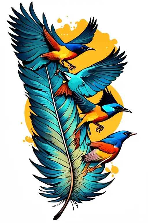 feather with 3 birds flying away tattoo design idea