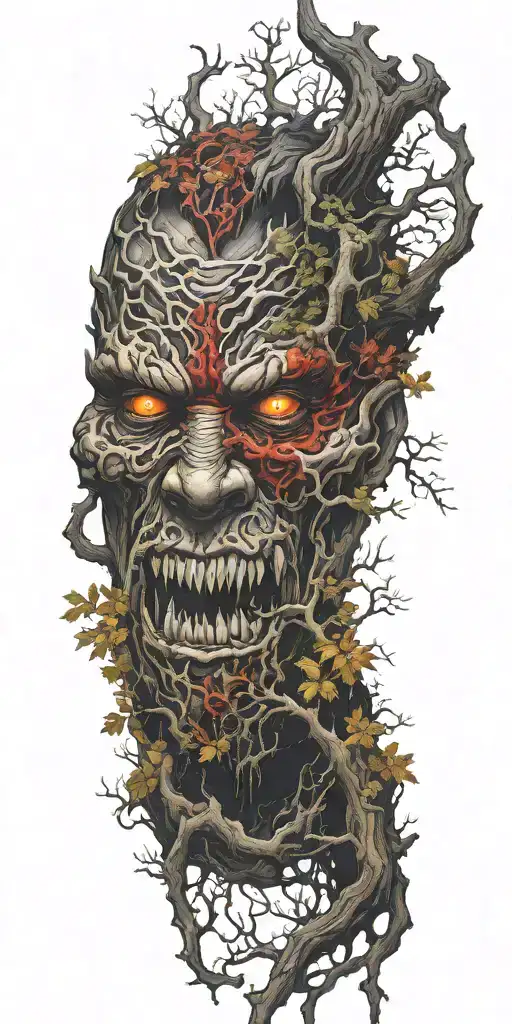 foggy forest with a demon hiding facial features tattoo design idea