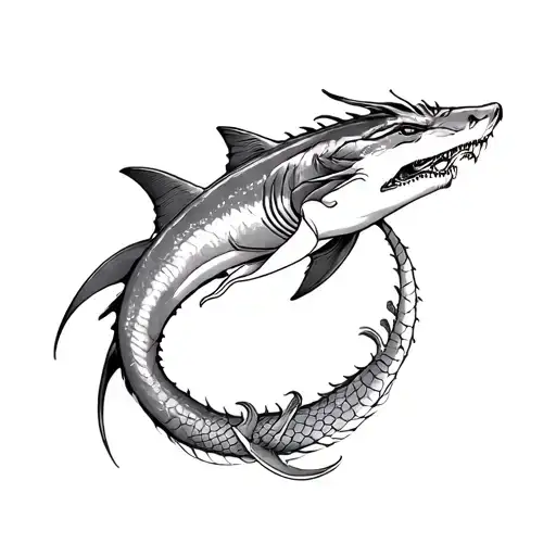 megaladon swimming and dragon flying fine line tattoo design idea
