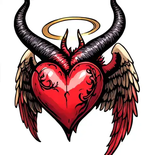A heart with devil horns,devil tail, angel wings and a halo tattoo design idea