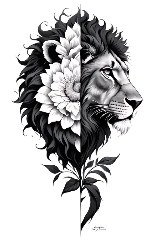 half lion half flower blooming tattoo design idea
