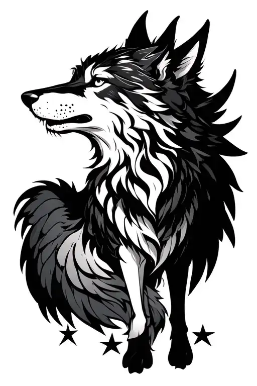 anime and western inspired design about a fantasy wolf with wings and stars tattoo design idea