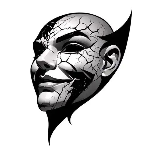 A two-faced mask — one side calm and angelic, the other cracked and demonic. The angelic side wears a slight smile, repr tattoo design idea