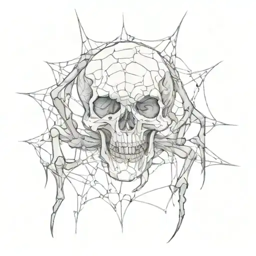 A spider wraps a human skull in its web tattoo design idea
