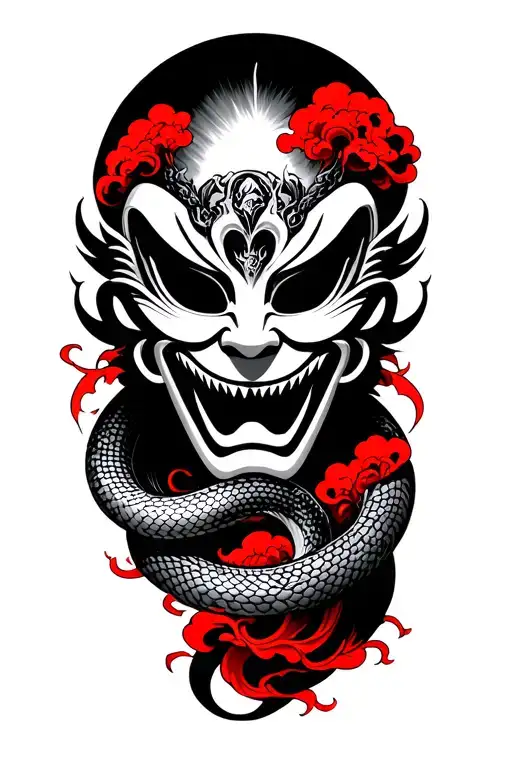 hanya mask with snake coiled with japanese red clouds for upper arm of men tattoo design idea