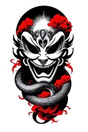 hanya mask with snake coiled with japanese red clouds for upper arm of men tattoo design idea