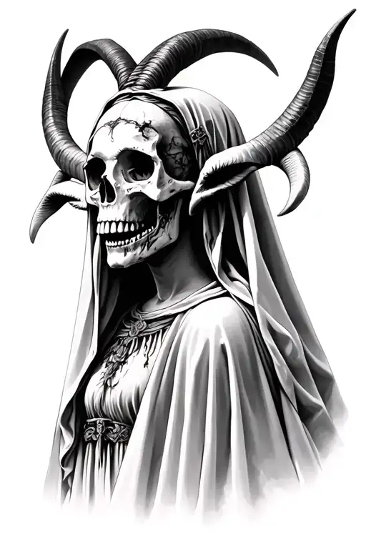 veiled virgin mary skull and rotting flesh with four horns goat  tattoo design idea